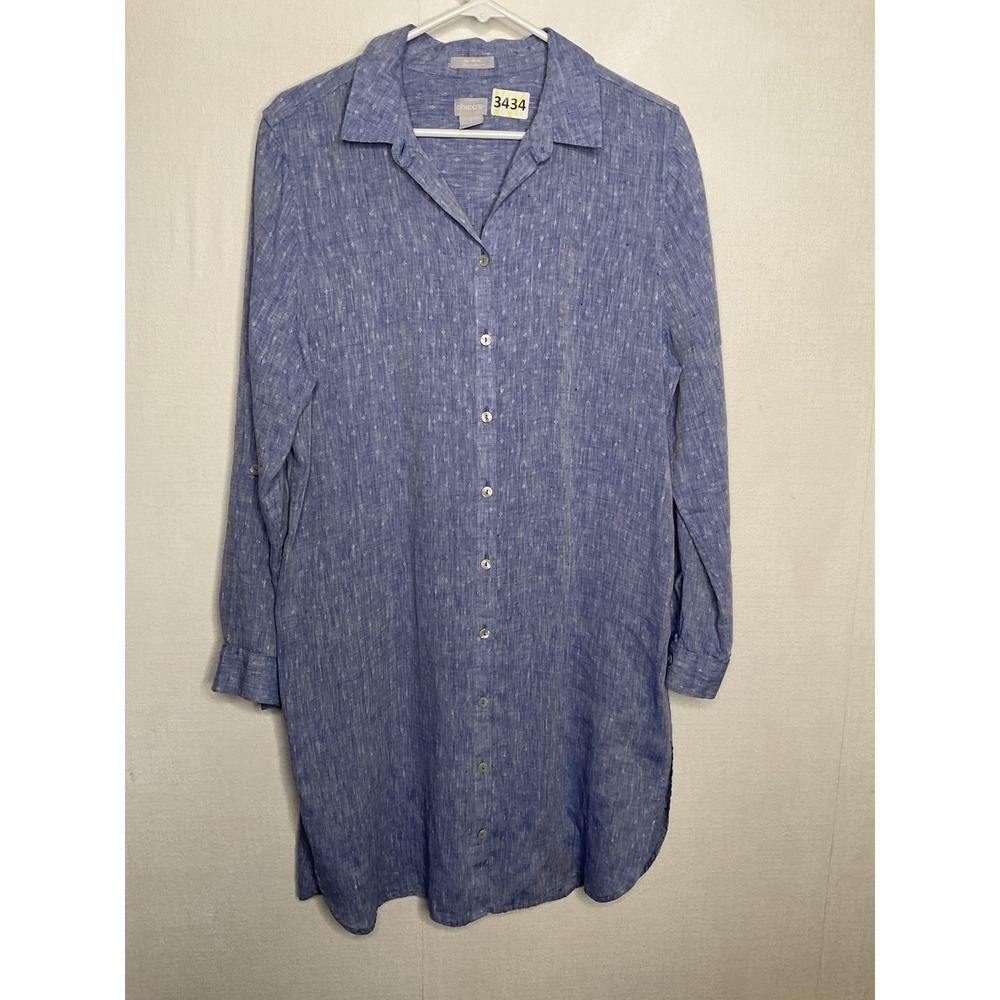 CHICO'S Button Front  Womens 2/L Linen No-Iron High Low Shirttail-Hem Long Tunic